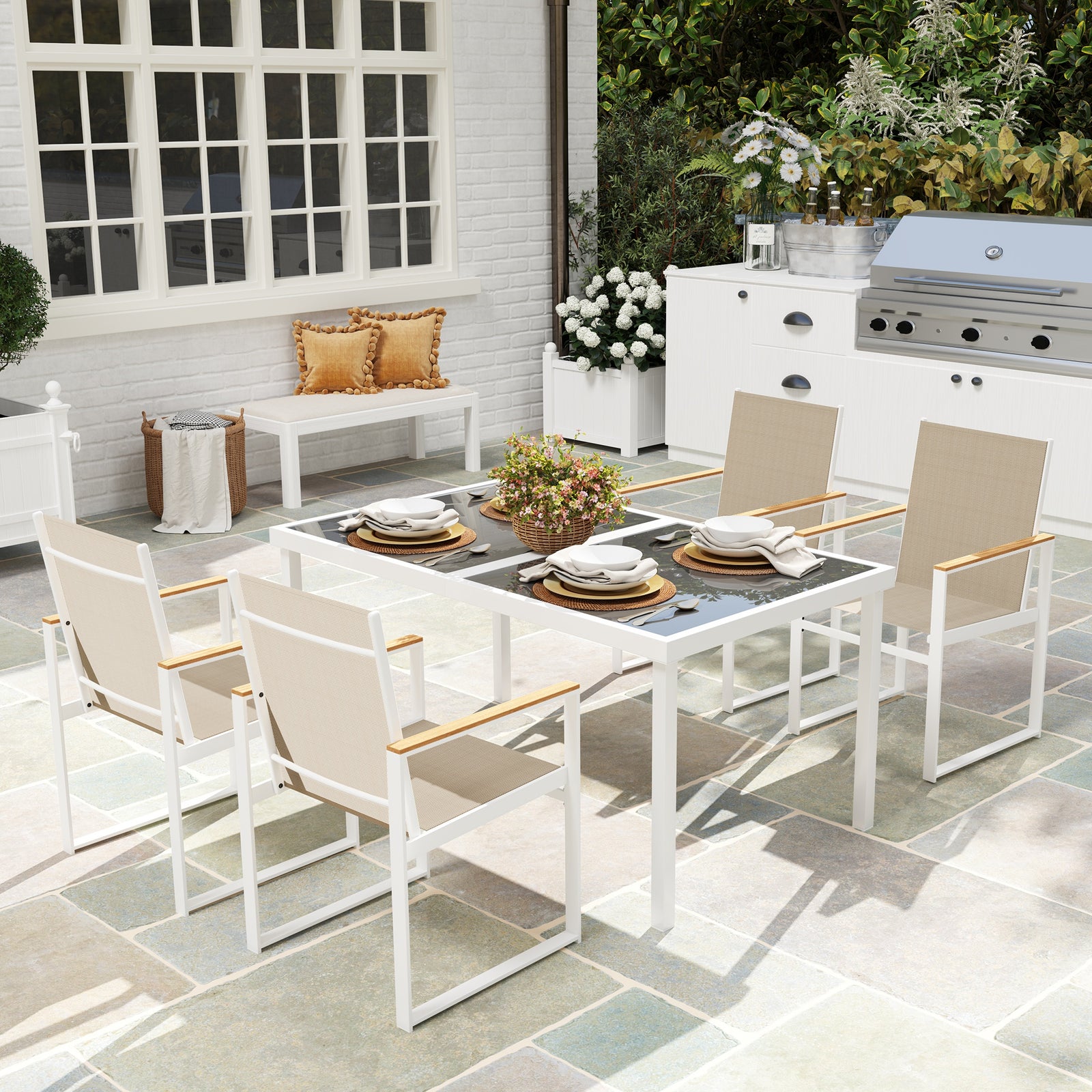 5 Piece Garden Table And Chairs W/ Tempered Glass Table Top