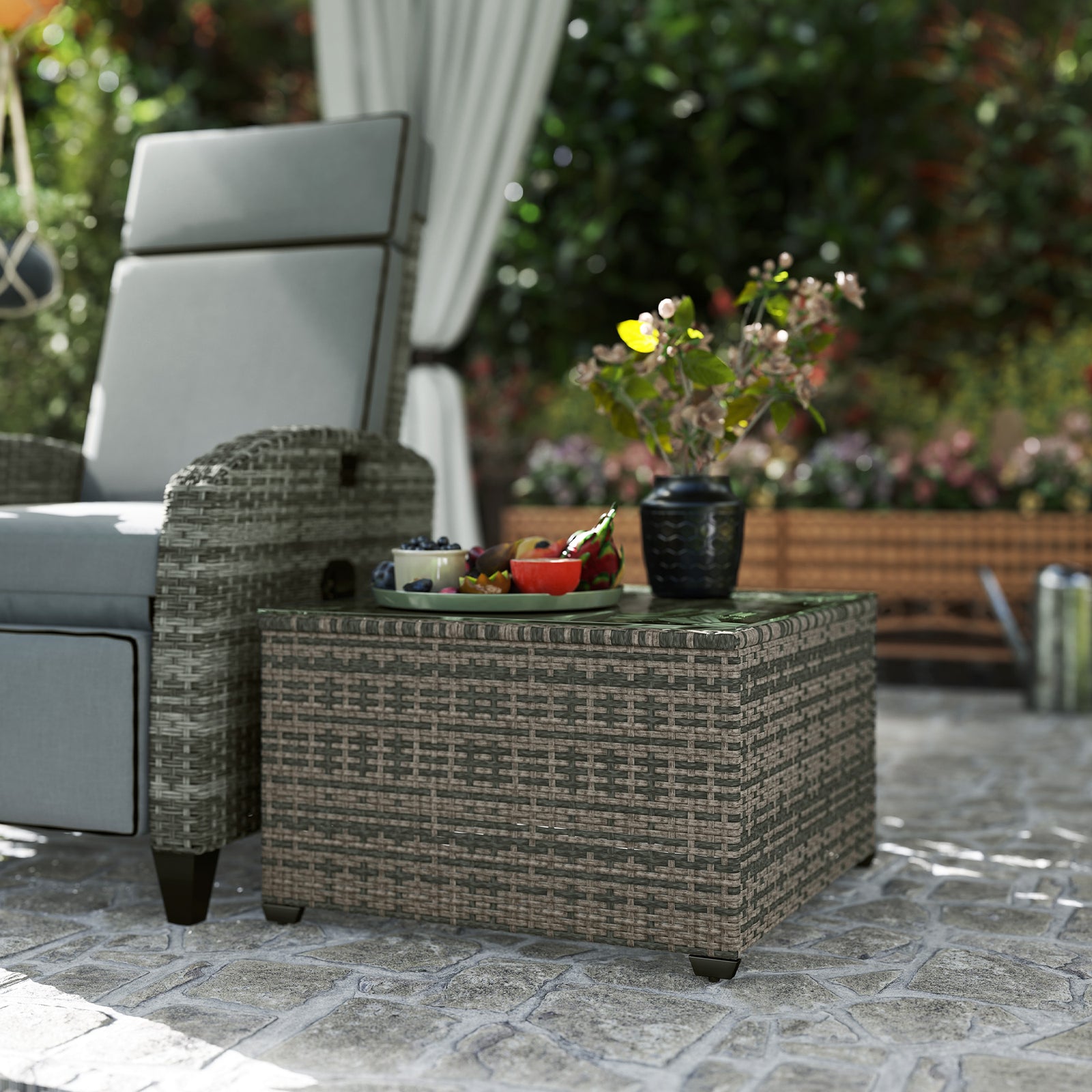 Outdoor Coffee Table W/ Glass Top, Rattan Side Table | Light Grey