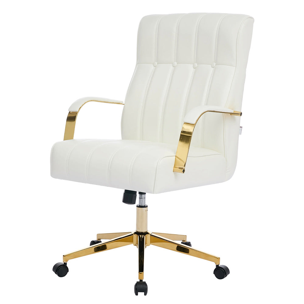 Pu Leather Office Chair With Gold Armrests, Adjustable Height & Tilt, Swivel Base | White