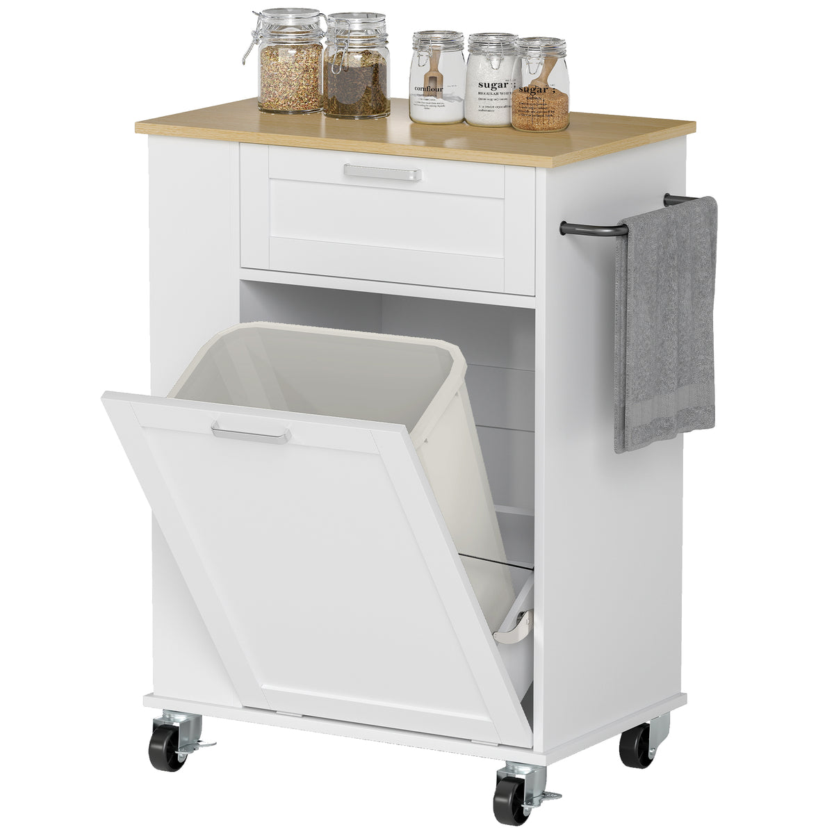 Kitchen Storage Trolley On Wheels With 2 Drawers, Island, White