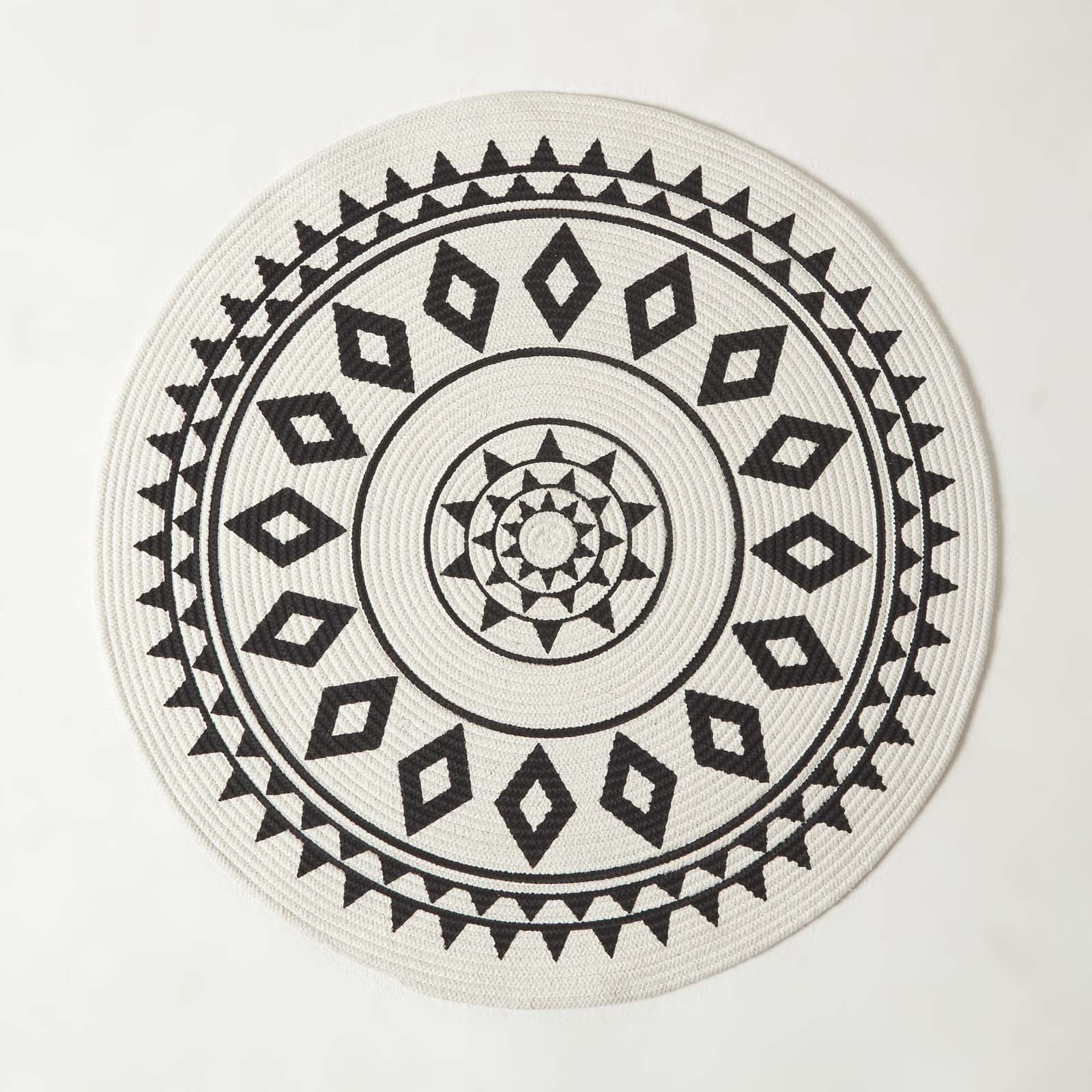 Lia White & Black Mandala Handoven Cotton Rug Round | 90cm | Black & White