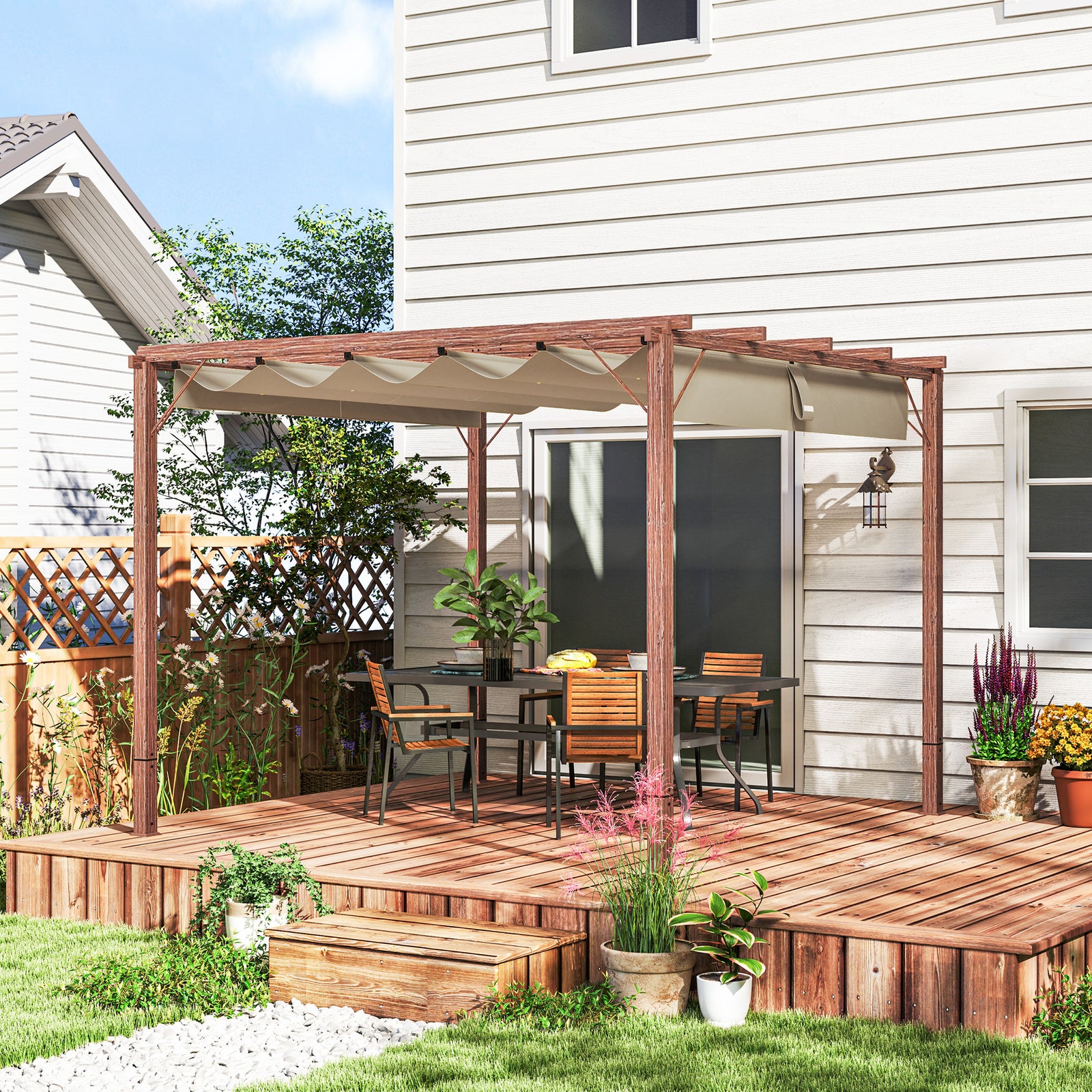 3 X 3(m) Aluminium Garden Pergola With Retractable Roof | Natural