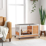 Wood Indoor Rabbit Hutch Elevated 2-floor Guineas Pigs Cage W/ Wheels | Yellow