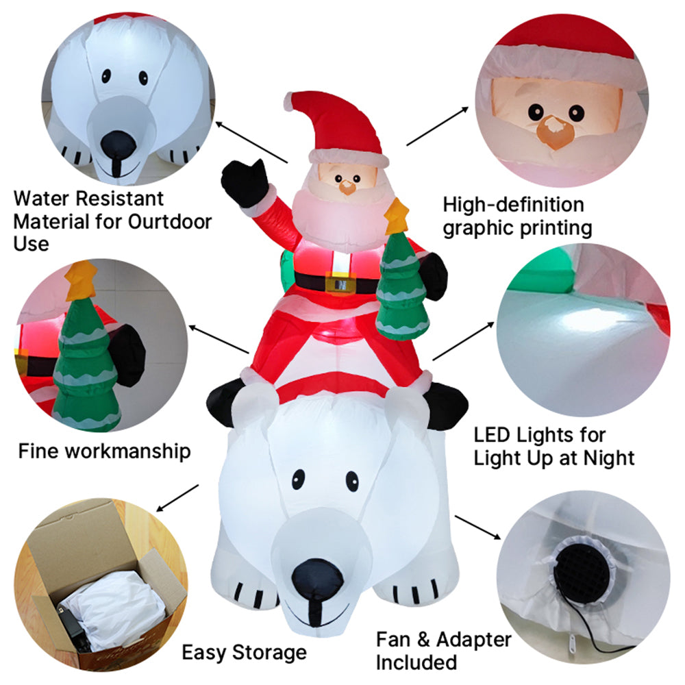 1.83m H Inflatable Santa On Polar Bear – Outdoor Christmas Decoration With Animated Head, Led Lights & Air Blower