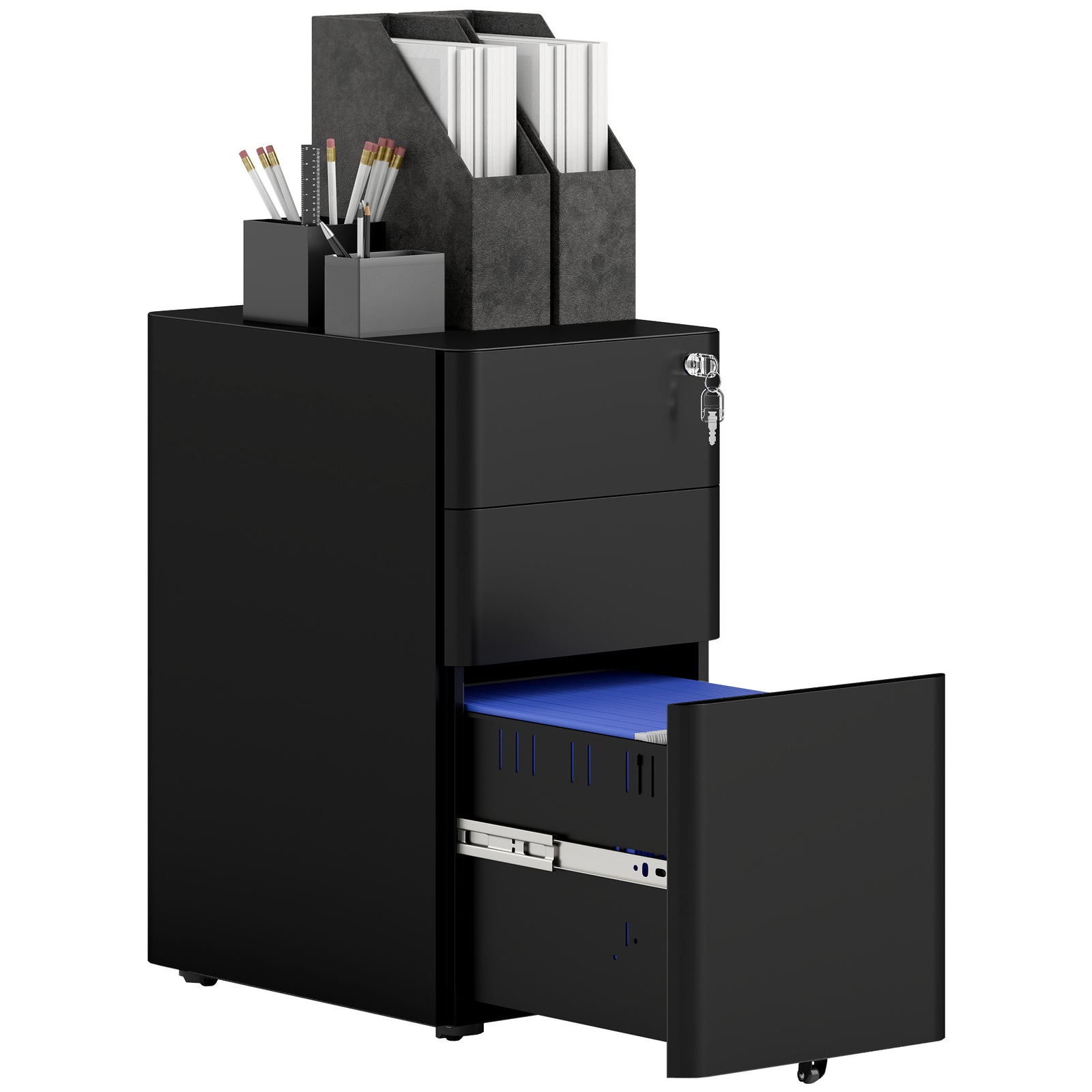 Steel Filing Cabinet With Lock And Wheels For Home Office | One Size | Black