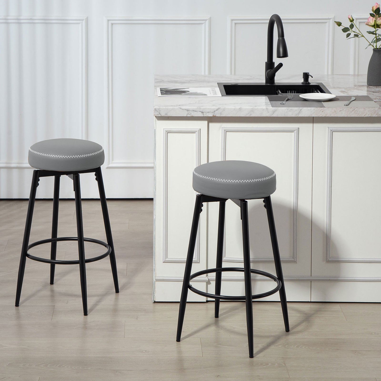 Swivel Bar Stools Set Of 2, Pu Leather Barstools With Footrest | Grey