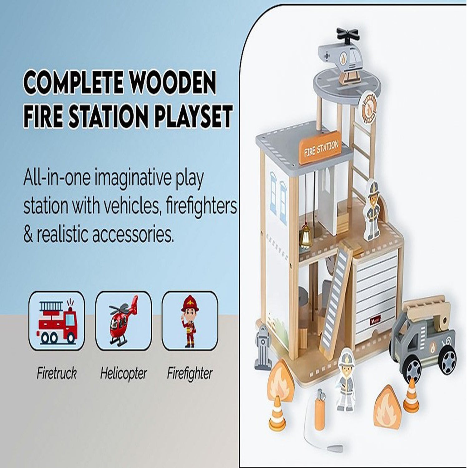 HYGRAD BUILT TO SURVIVE Kids Police Station Wooden Playset – 3-tier Role Play Dollhouse & Pretend Play Toy
