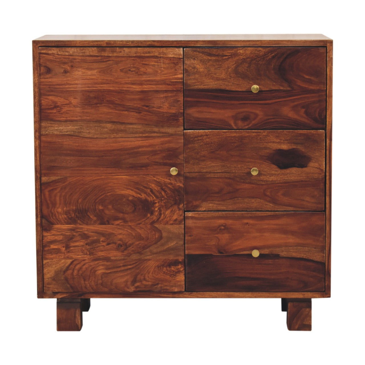 Solid Wood Tula Mini Sideboard, 3 Drawers And 1 Door, Brown