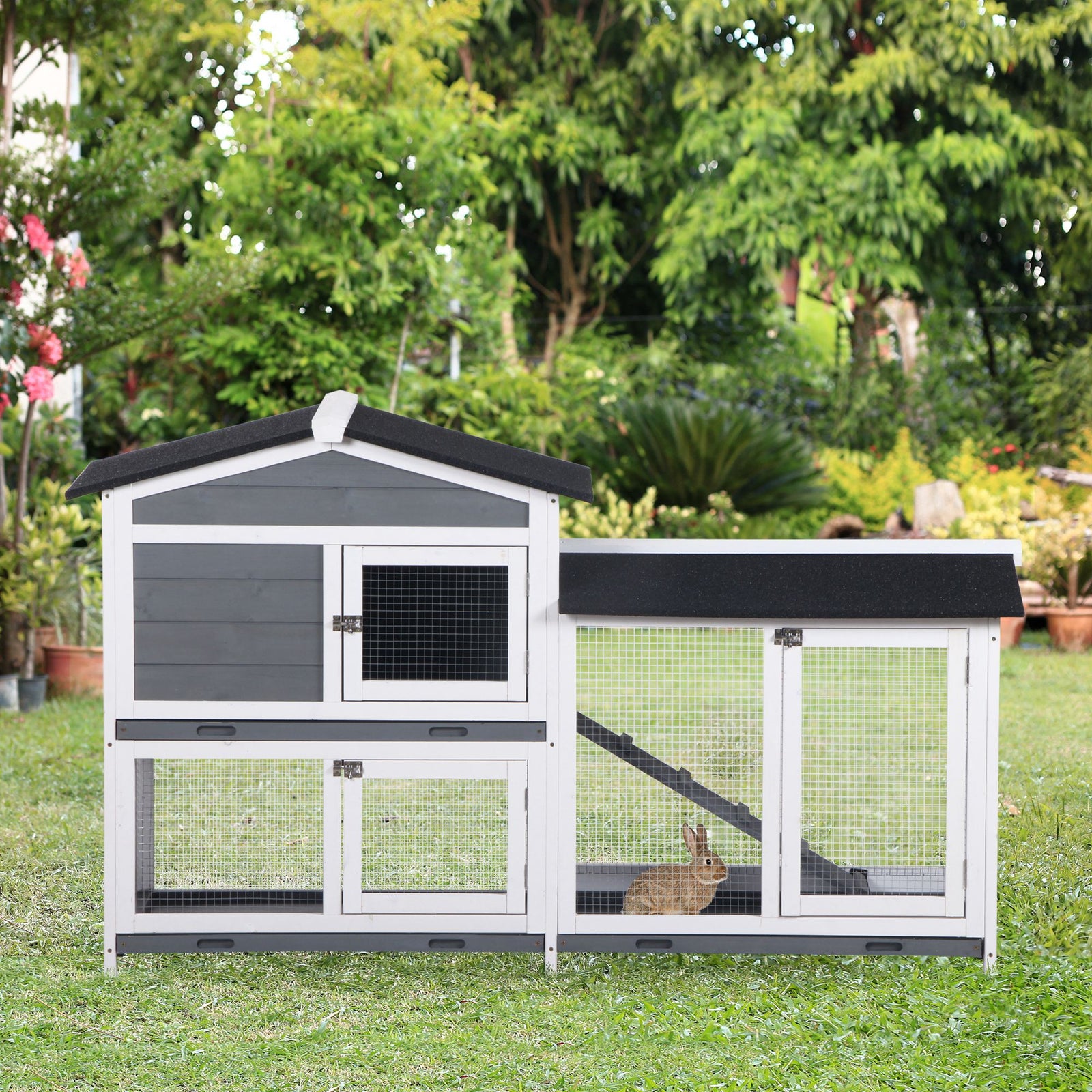 2-tier Wooden Rabbit Hutch Guinea Pig House Pet Cage Outdoor W/ Tray Ramp | Gray