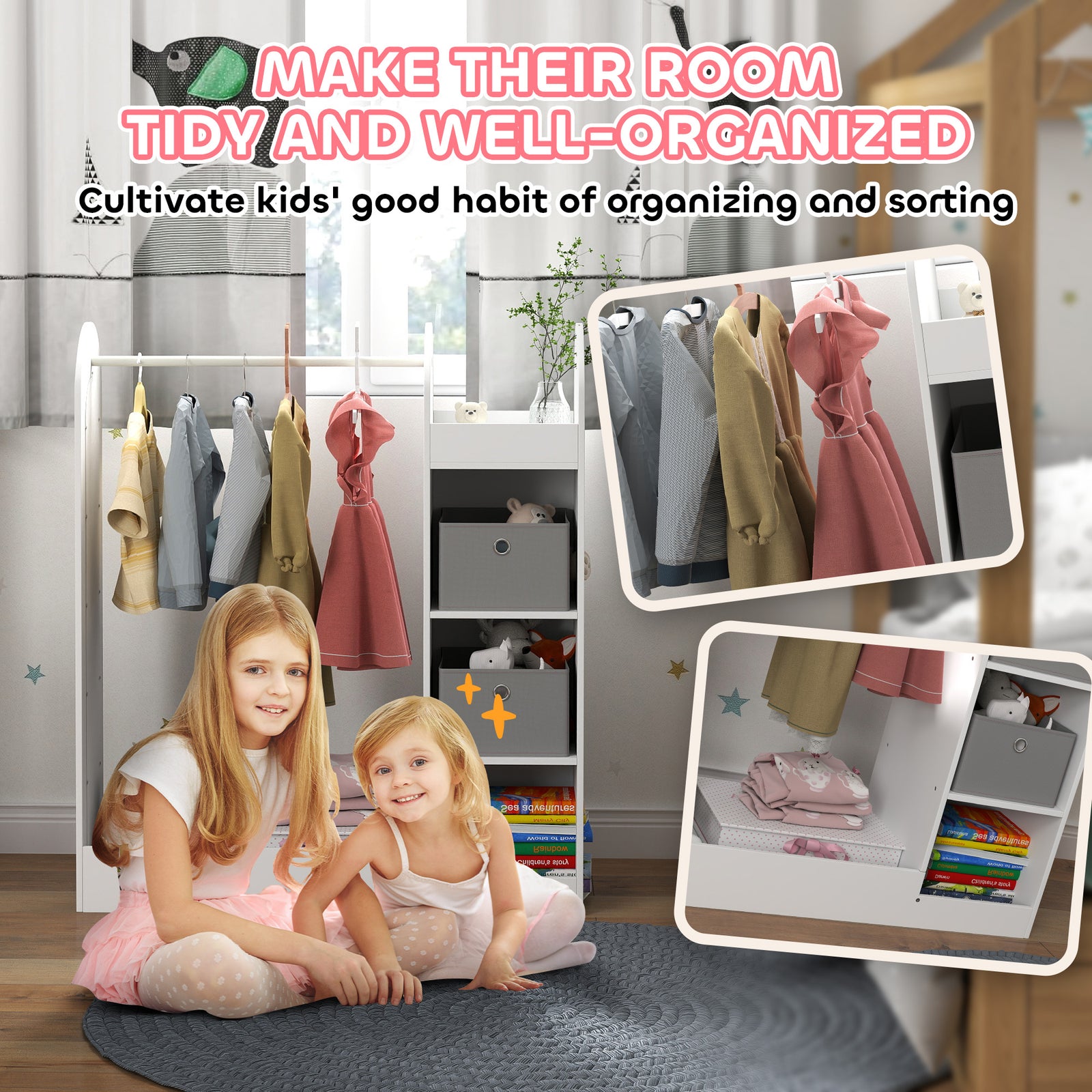 Kids Cloth Rail With Storage Shelf, Boxes, Mirror For Bedroom | White
