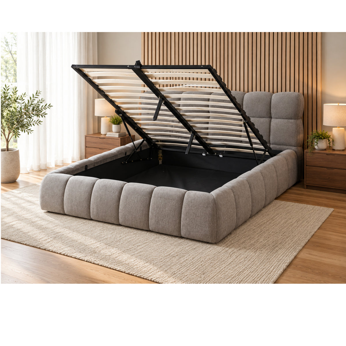 The Maya Upholstered Soft Plush Ottoman Bed Frame | Double | Grey