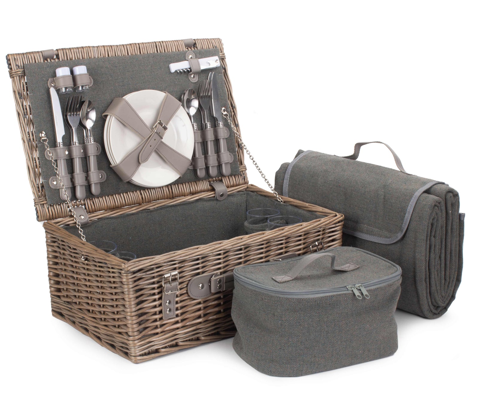 Grey Tweed Fitted Picnic Wicker Basket | 4-Person | Gray
