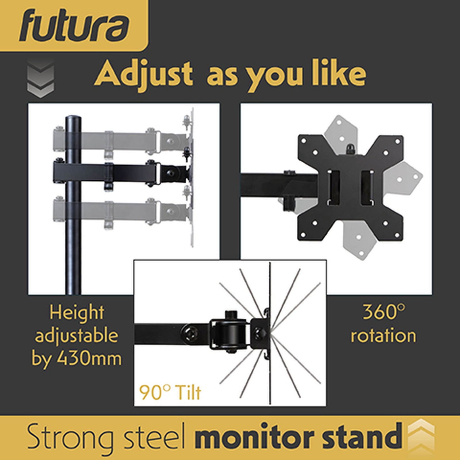 Futura Dual Monitor Stand 13 To 32 Inch Height Adjustable Freestanding Base Supports 8kg Per Arm