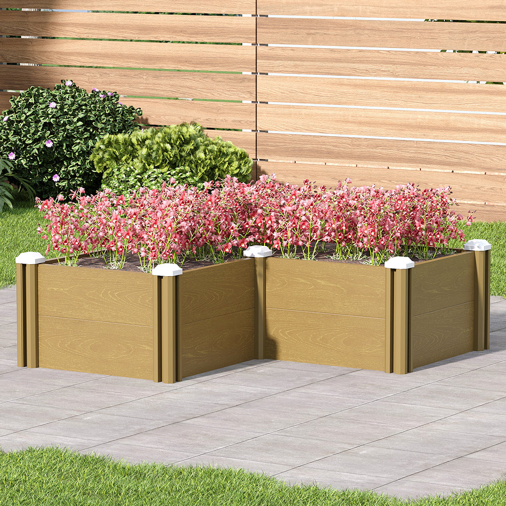 L-shaped Raised Garden Bed Planter, Wood-grain Pp Plastic With Open Bottom, Outdoor Vegetable & Flower Planter Box