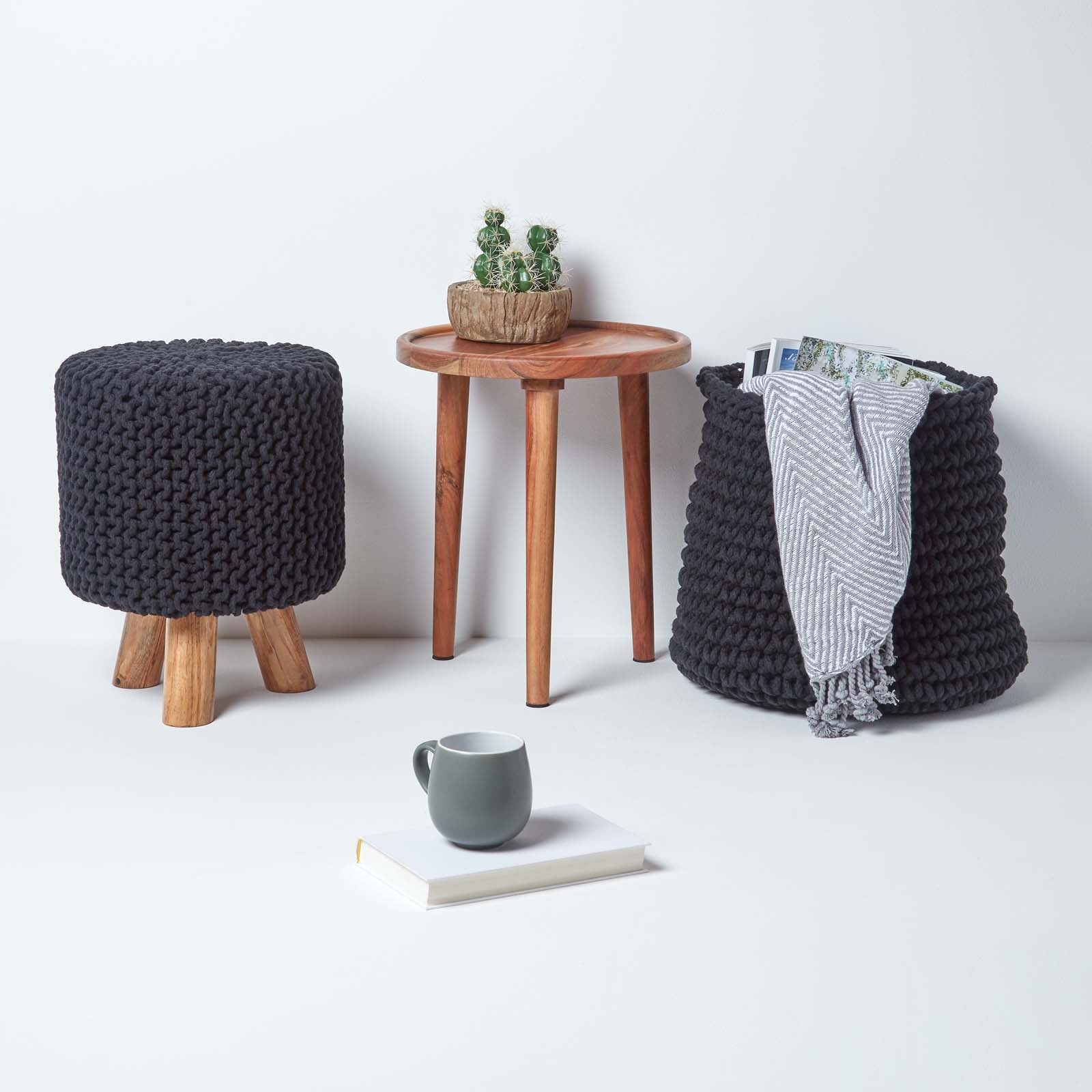 HOMESCAPES Black Tall Cotton Knitted Footstool On Legs