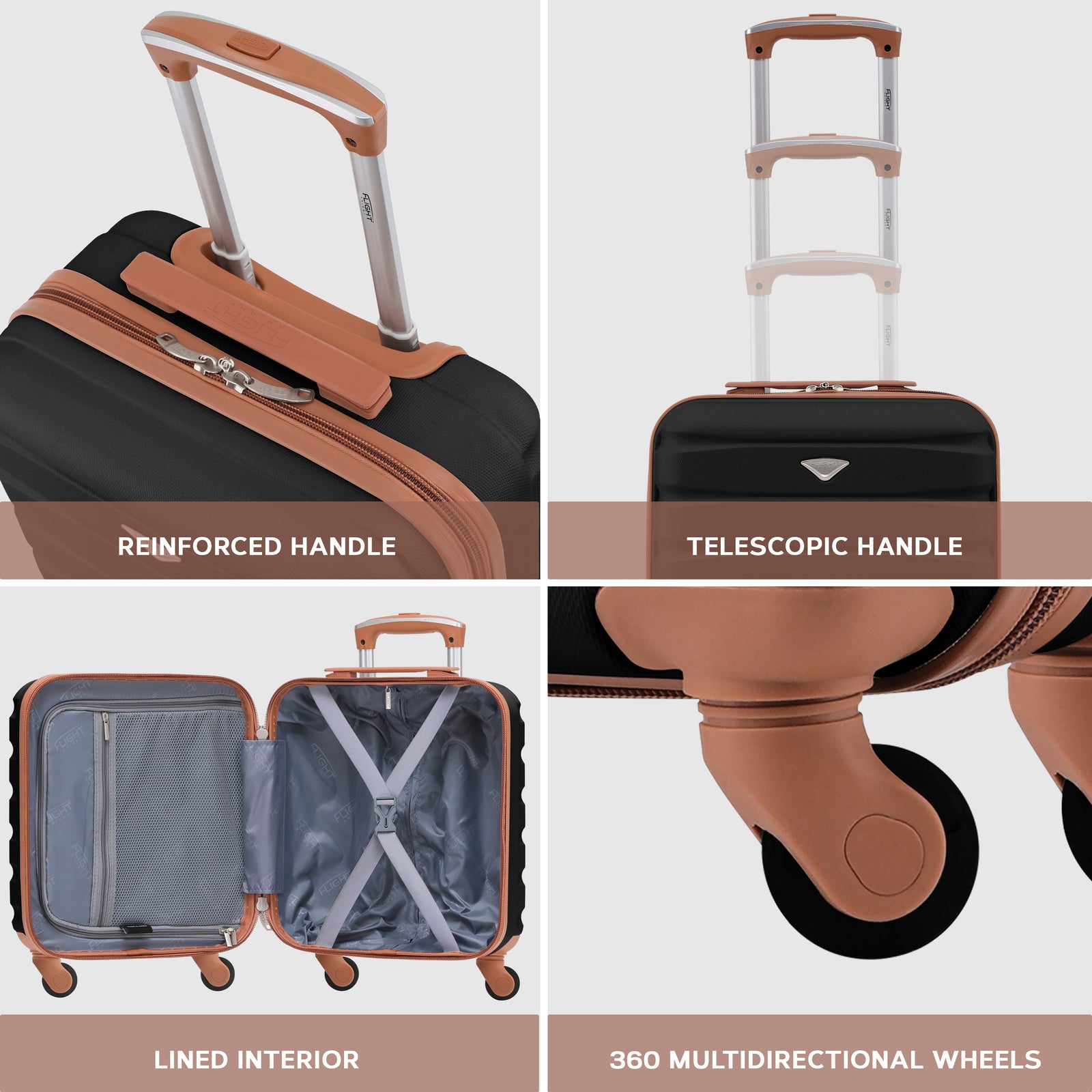 45x36x20cm Lightweight Underseat Cabin Carry On Suitcase - 100+ Airline Approved - Hard Shell Luggage - 4 Wheels | 45 x 36 x 20cm | Black & Brown