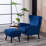 Velvet Upholstered Leisure Chair With Footstool – Accent Armchair With Wooden Frame | Blue