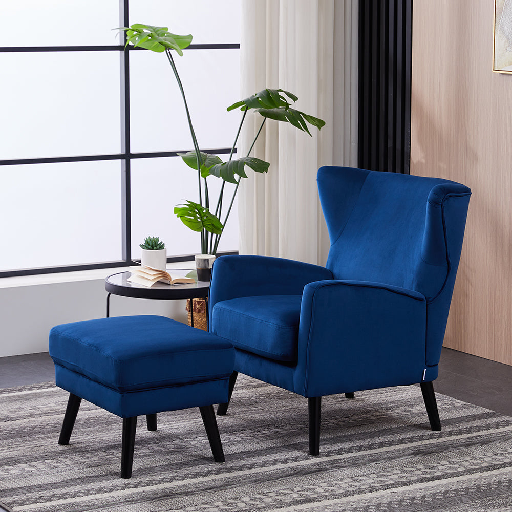 Velvet Upholstered Leisure Chair With Footstool – Accent Armchair With Wooden Frame | Blue