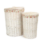 Round White Wash Laundry Hamper With Garden Rose Lining | Large | Pink