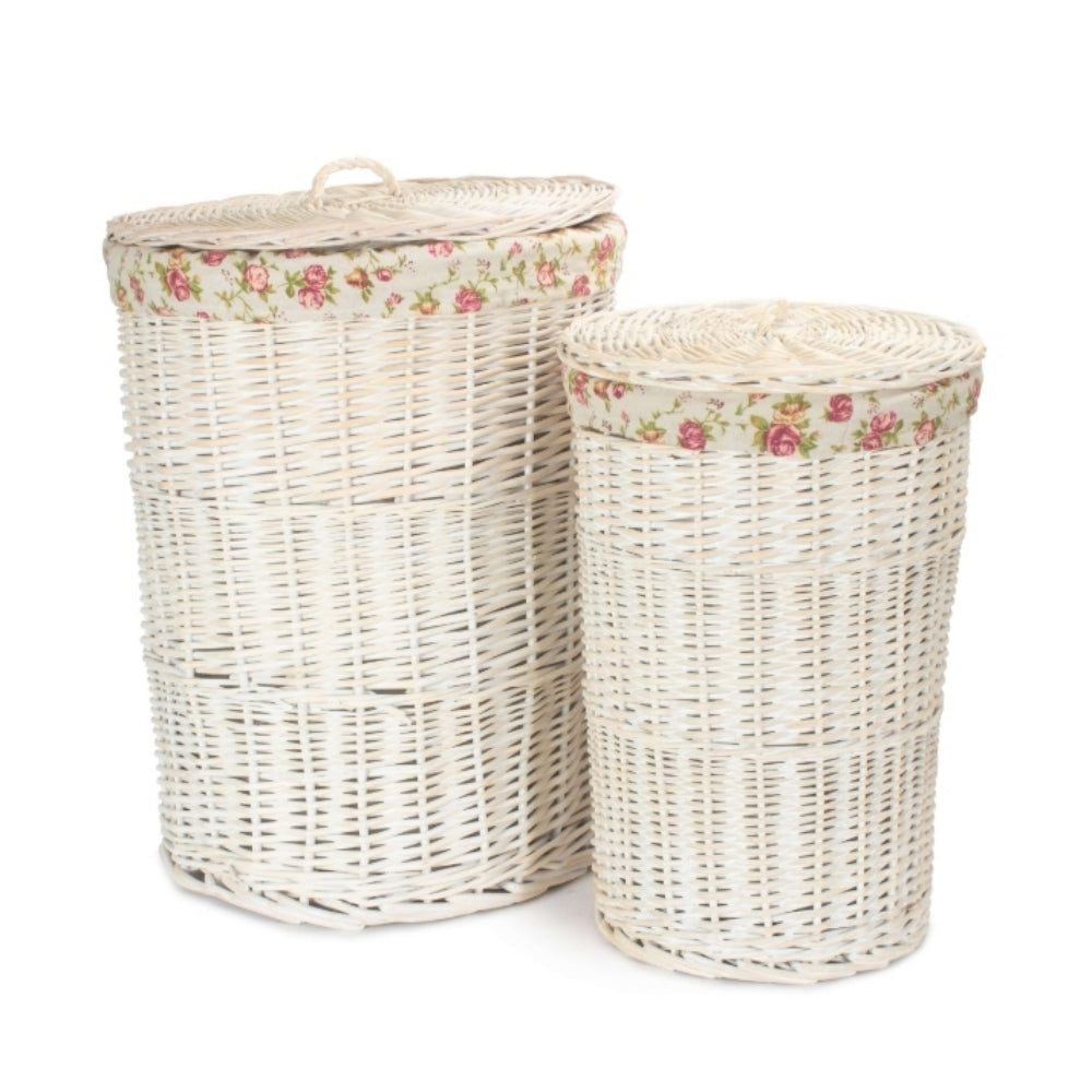 Round White Wash Laundry Hamper With Garden Rose Lining | Small | Pink