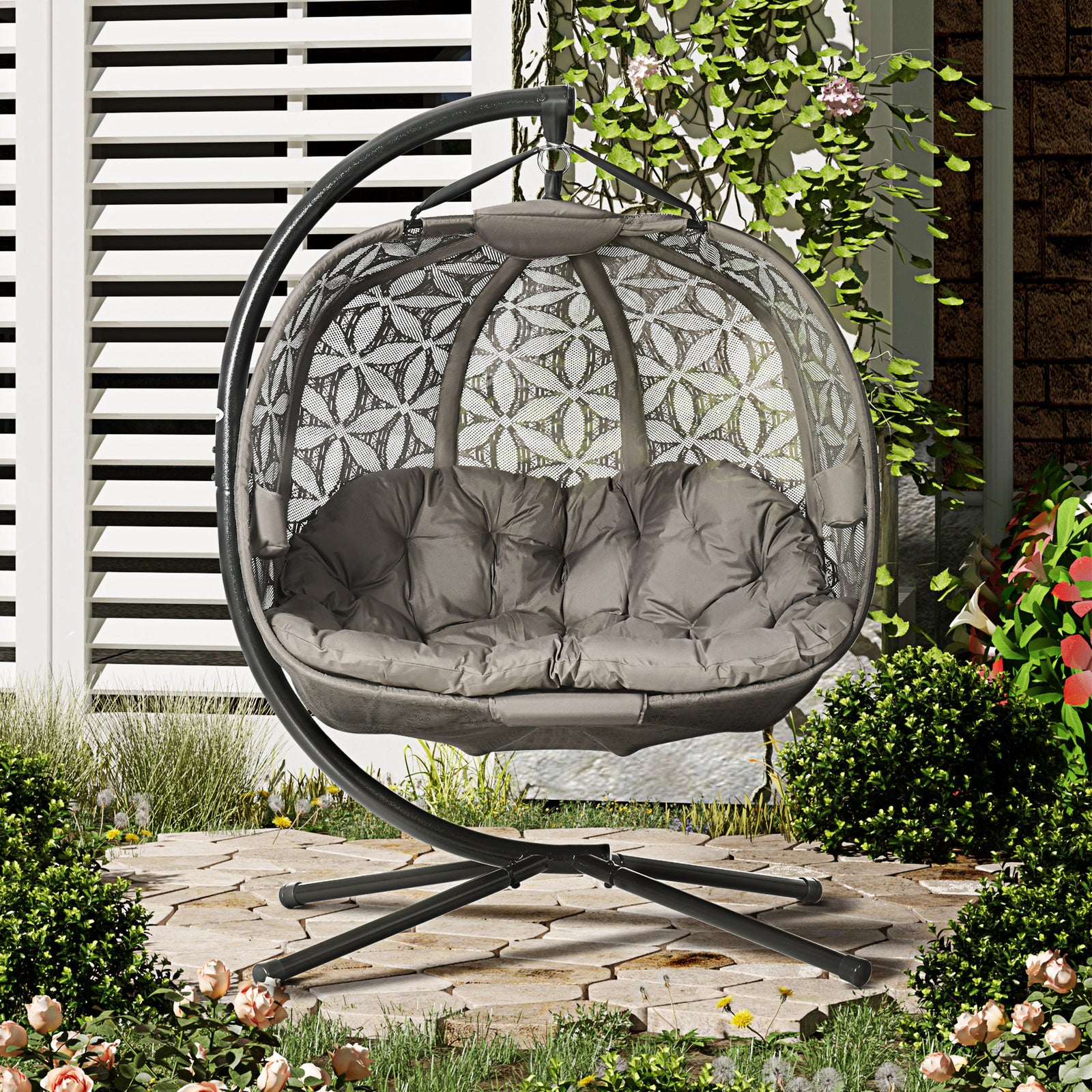 Double Hanging Chair W/ Cushion, Foldable Basket & Cupholder