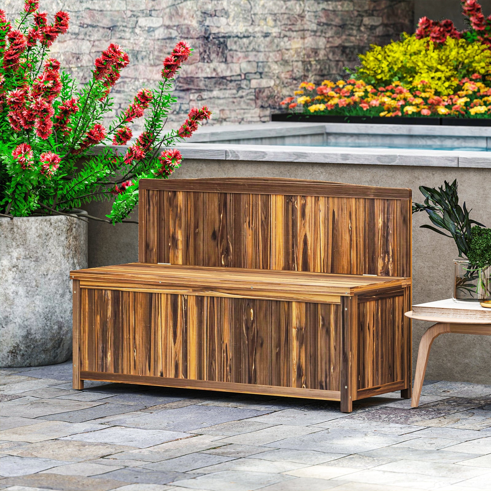 Wood Storage Bench For Patio, Outdoor Garden Seating | Brown