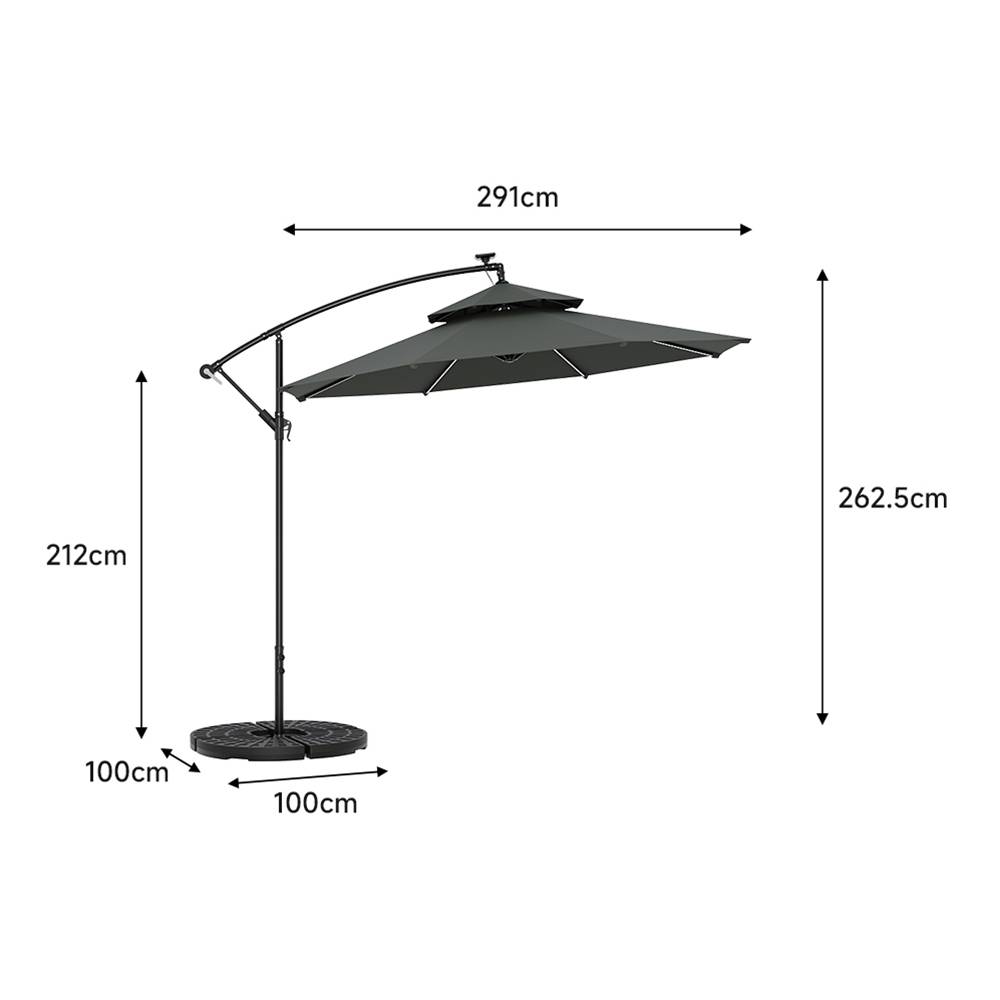 3m Double-top Cantilever Parasol,outdoor Parasol With 8 Led Tubes, Crank Lift With Cross Base & With Fillable Base