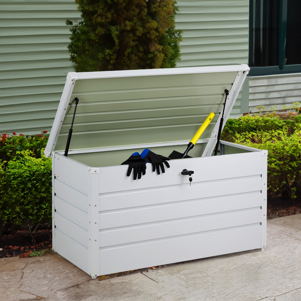 350l Lockable Steel Storage Box – Weatherproof Outdoor Garden Tool Chest Durable Waterproof Yard Storage Container | White