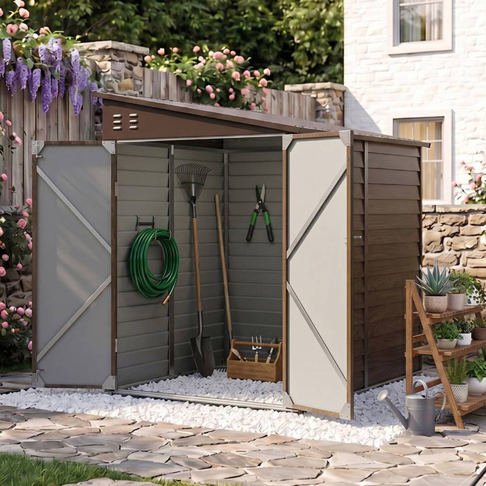 4.6 X 9ft Outdoor Metal Storage Shed With 3d Brown Wood Grain Finish,garden Tool Storage House, Double Doors, 2 Vents & 4 Hooks