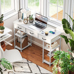 Computer Writing Desk With Power Outlets, Drawers, Shelves | White