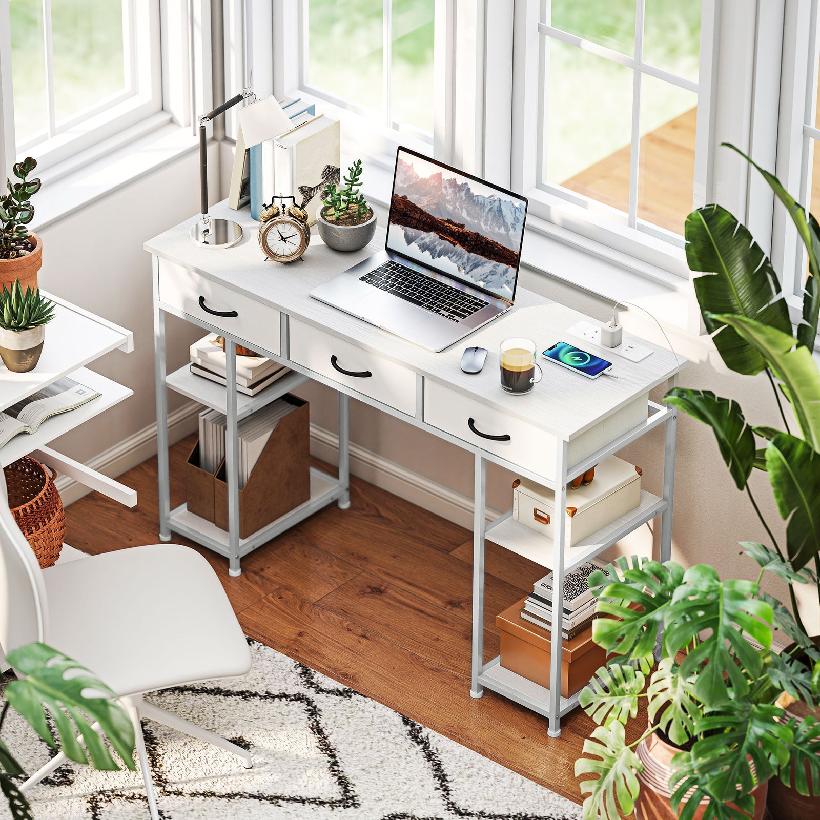 Computer Writing Desk With Power Outlets, Drawers, Shelves | White