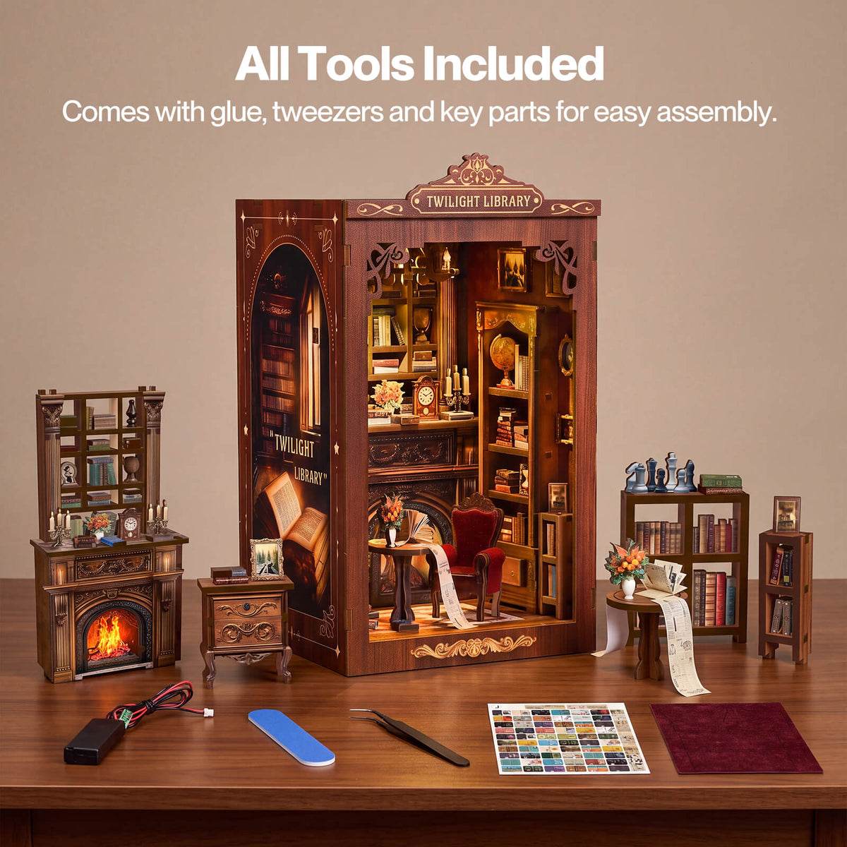 Book Nook Kit For Adults Wooden Miniature Bookstore With Led Walnut
