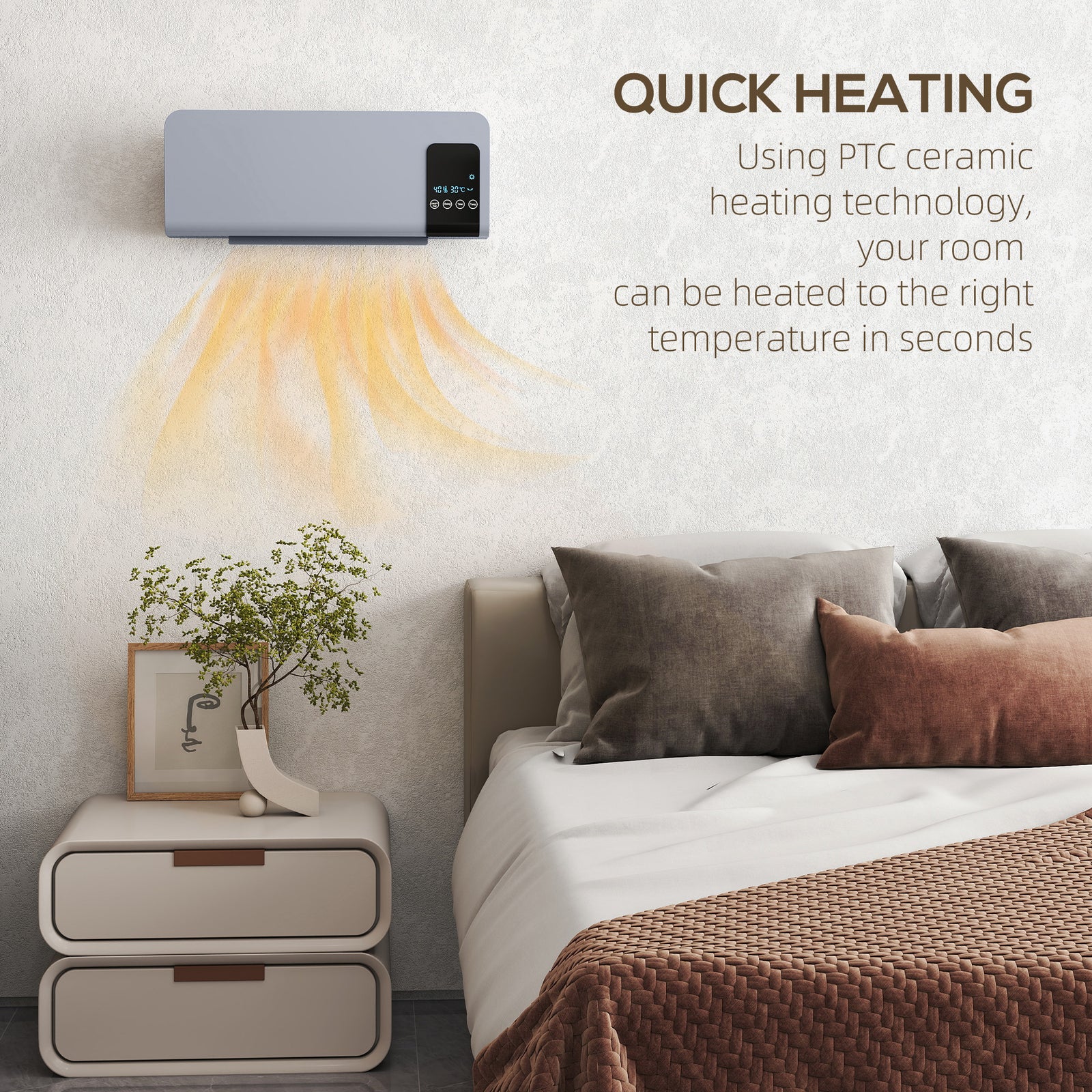 2000w Wall Mounted Ceramic Heater With Remote Control For Home, Grey