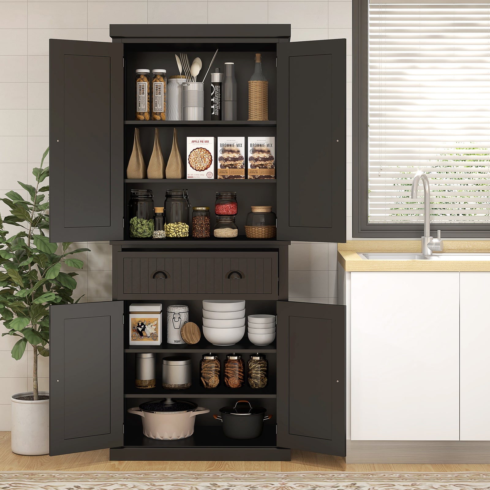 Kitchen Storage Cabinet W/ Drawers Cupboards Shelves Home | Black