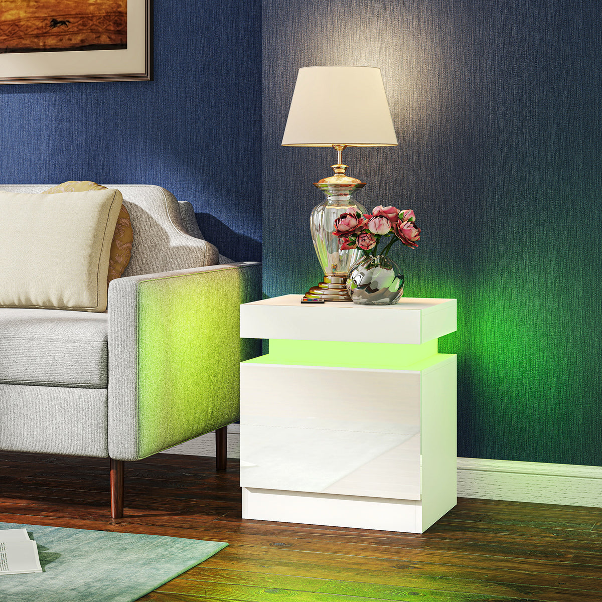 HOMCOM High Gloss Bedside Table With Led Light And 2 Drawers