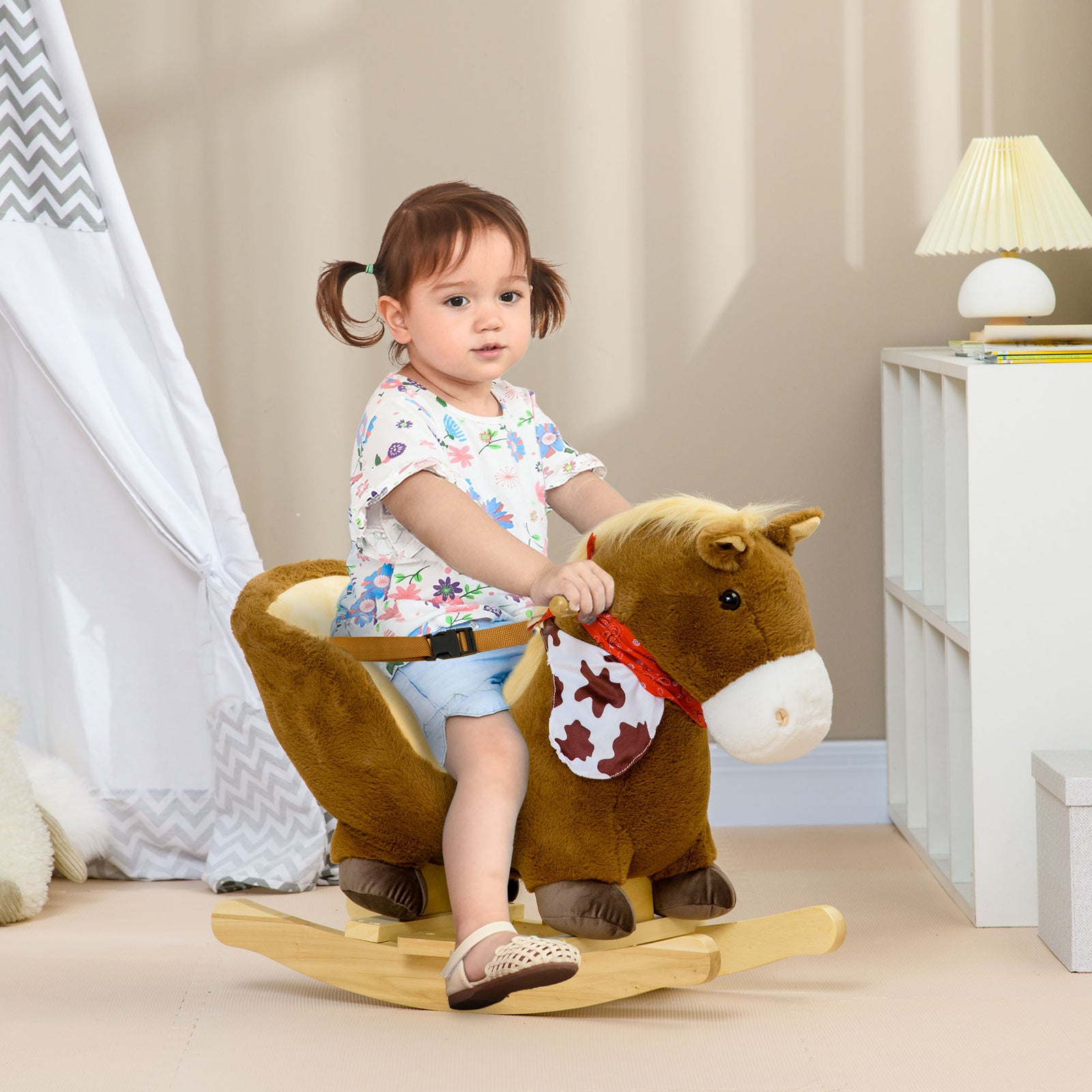 Kids Rocking Horse, Plush Baby Rocking Chair W/ Safety Harness, Sounds
