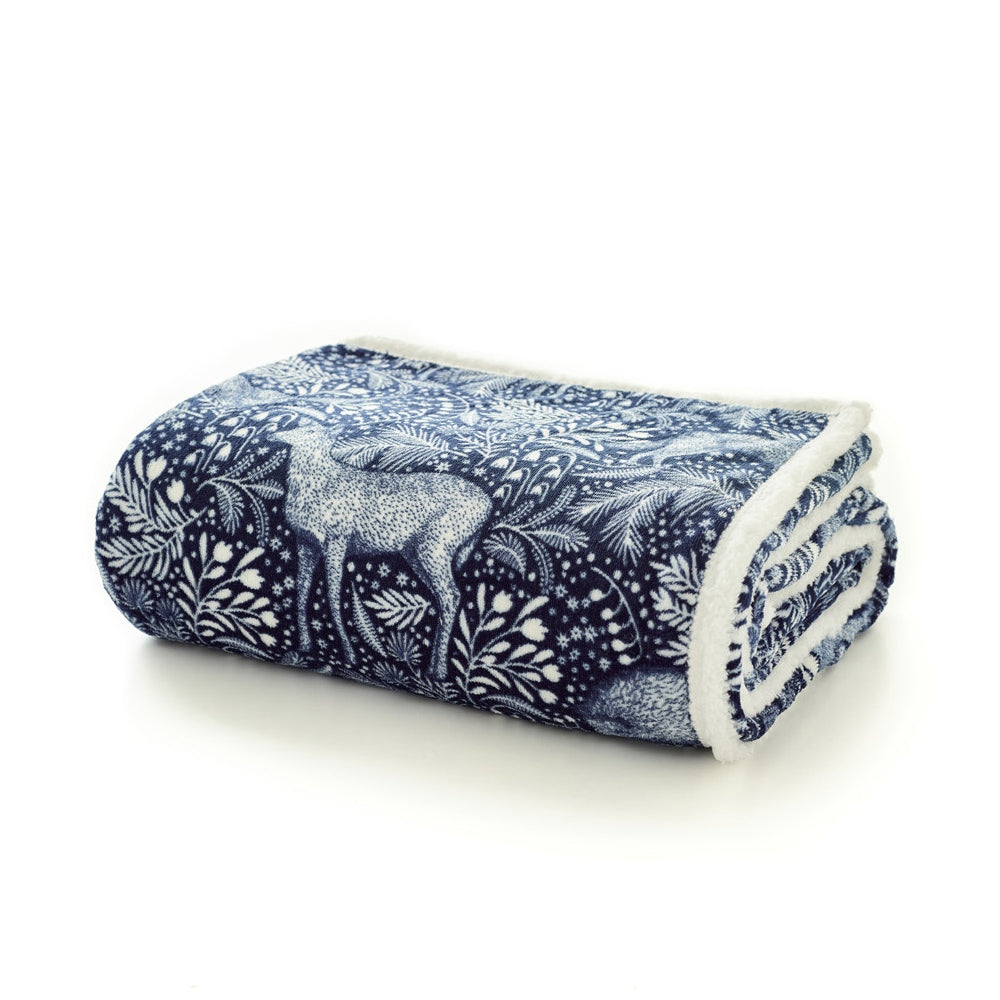 Woodland Folk Throw – Enchanted Deer Forest Flannel & Sherpa, 140x180cm | 140cm x 180cm | Navy Blue