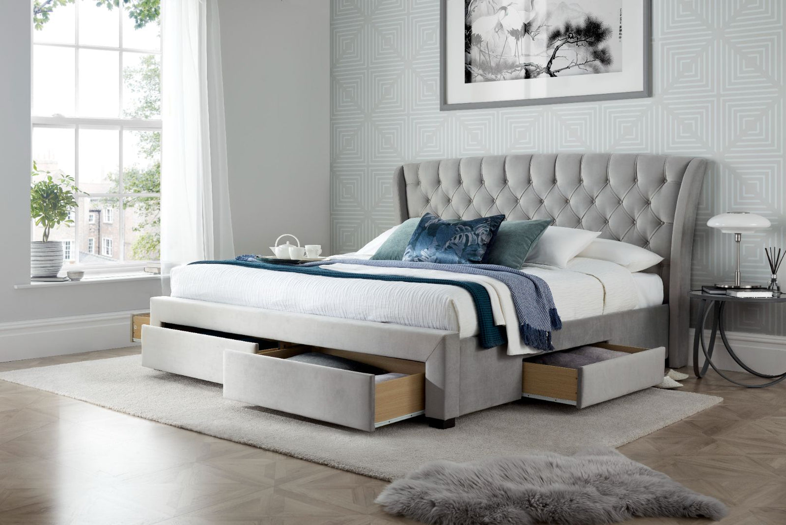 Newton Velvet 4 Drawer Storage Bed | King | Grey