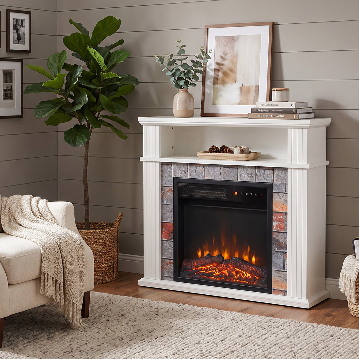 Freestanding Electric Fireplace Suite, 1800w, Open Shelf, Led Flame