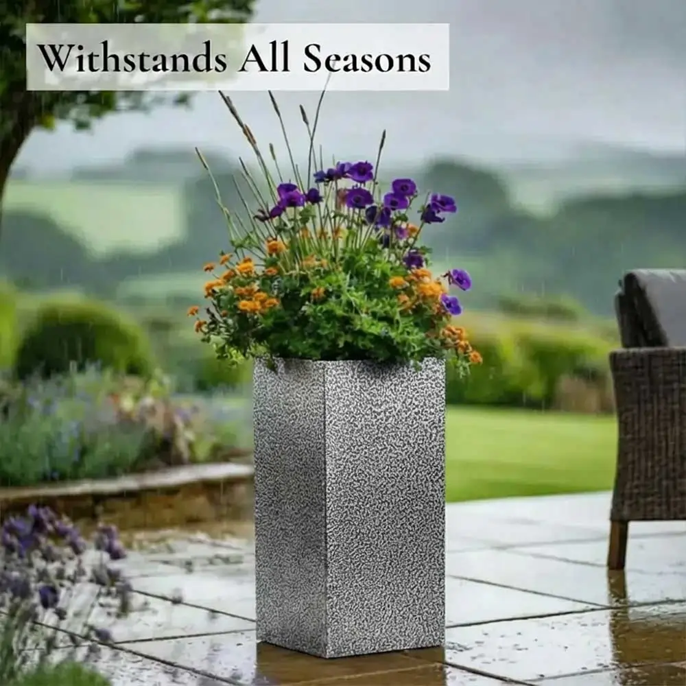 Zinc Galvanised Tall Square Planter | 32cm x 32cm x 75cm | Silver Black
