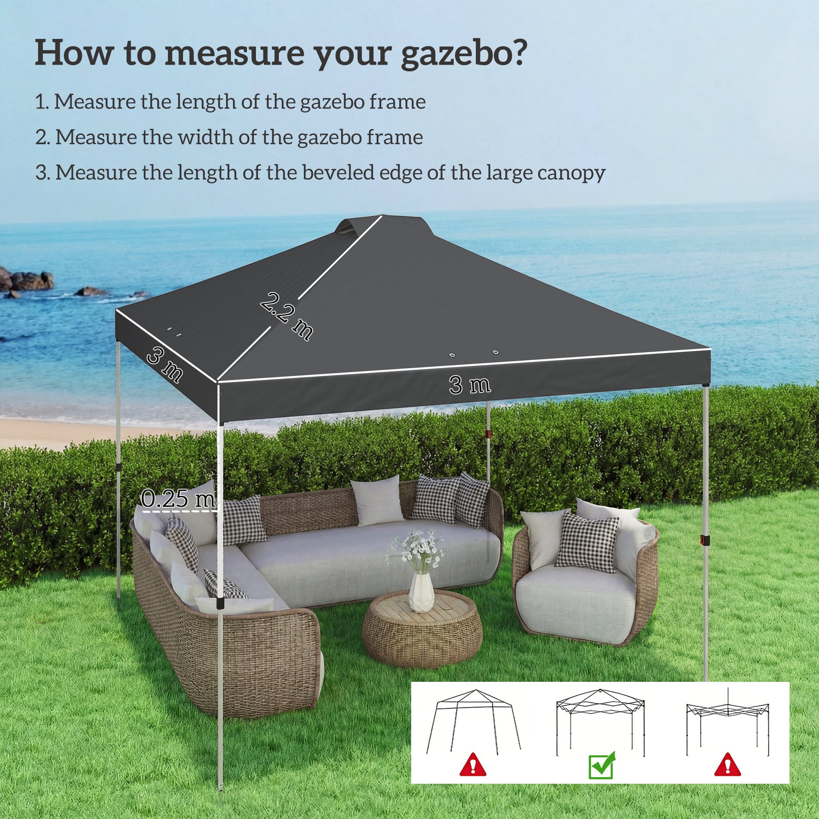 Gazebo Roof Replacement Uv50+ Waterproof 3x3(m) | Dark Grey
