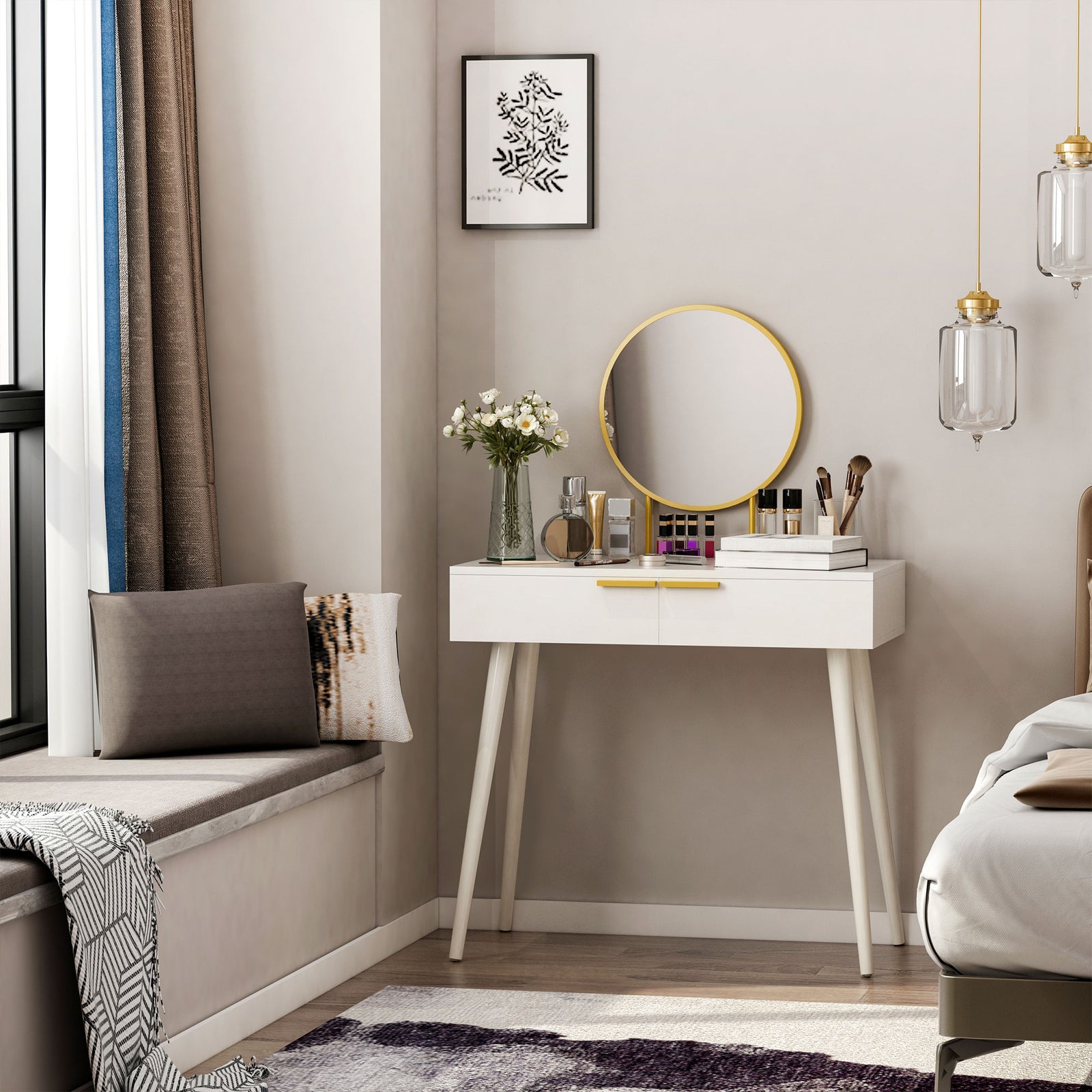 Modern Dressing Table W/ 2 Drawers Round Mirror Bedroom