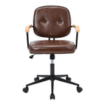 Ergonomic Leather Office Chair with Wood Armrests - Brown