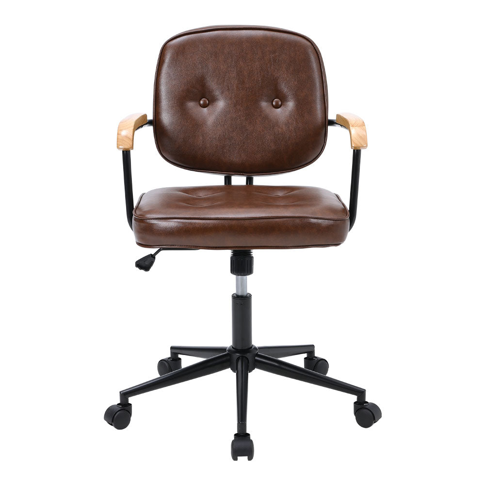 Ergonomic Leather Office Chair with Wood Armrests - Brown