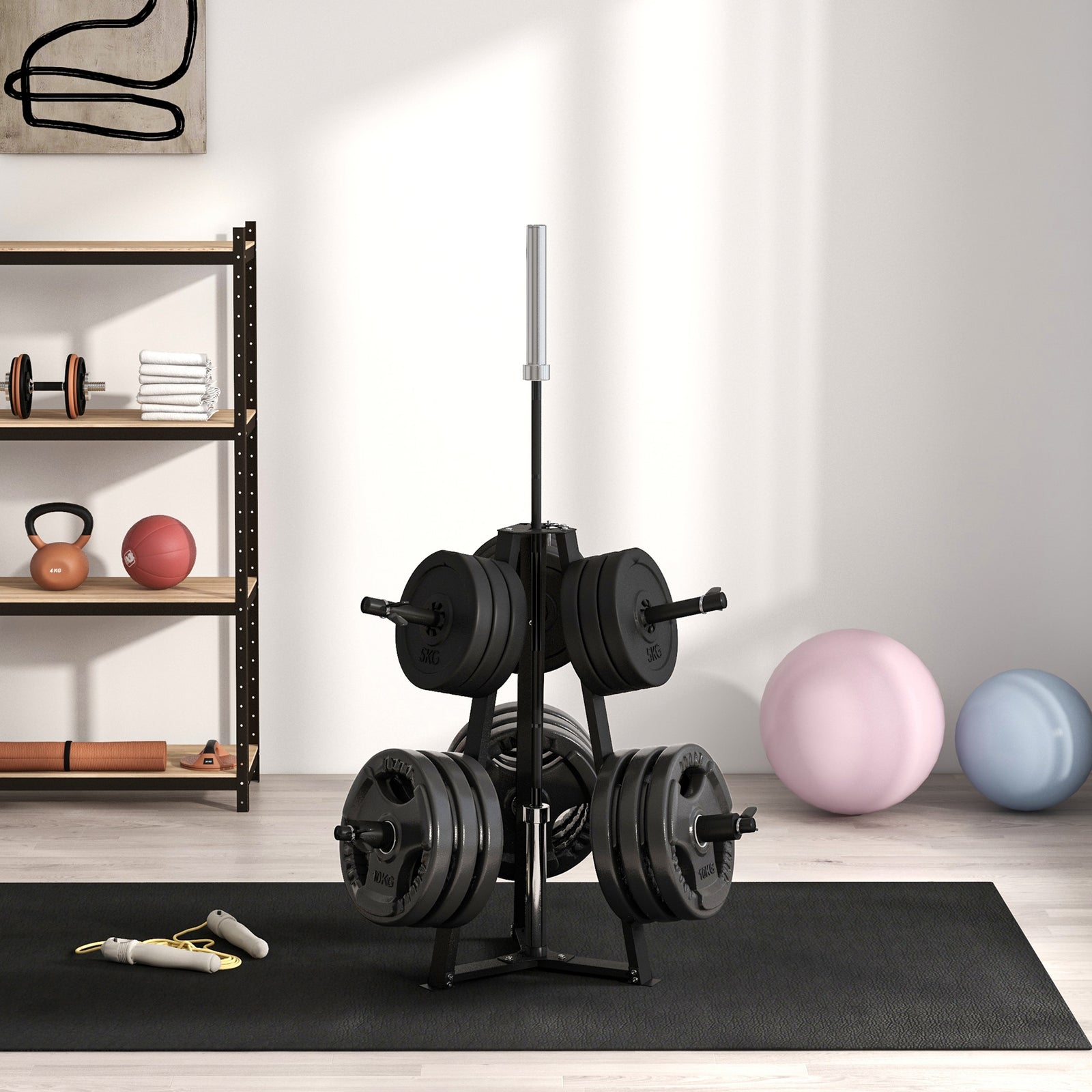 Weight Plate Rack For 5cm Weight Plates And Barbell Bar | Black
