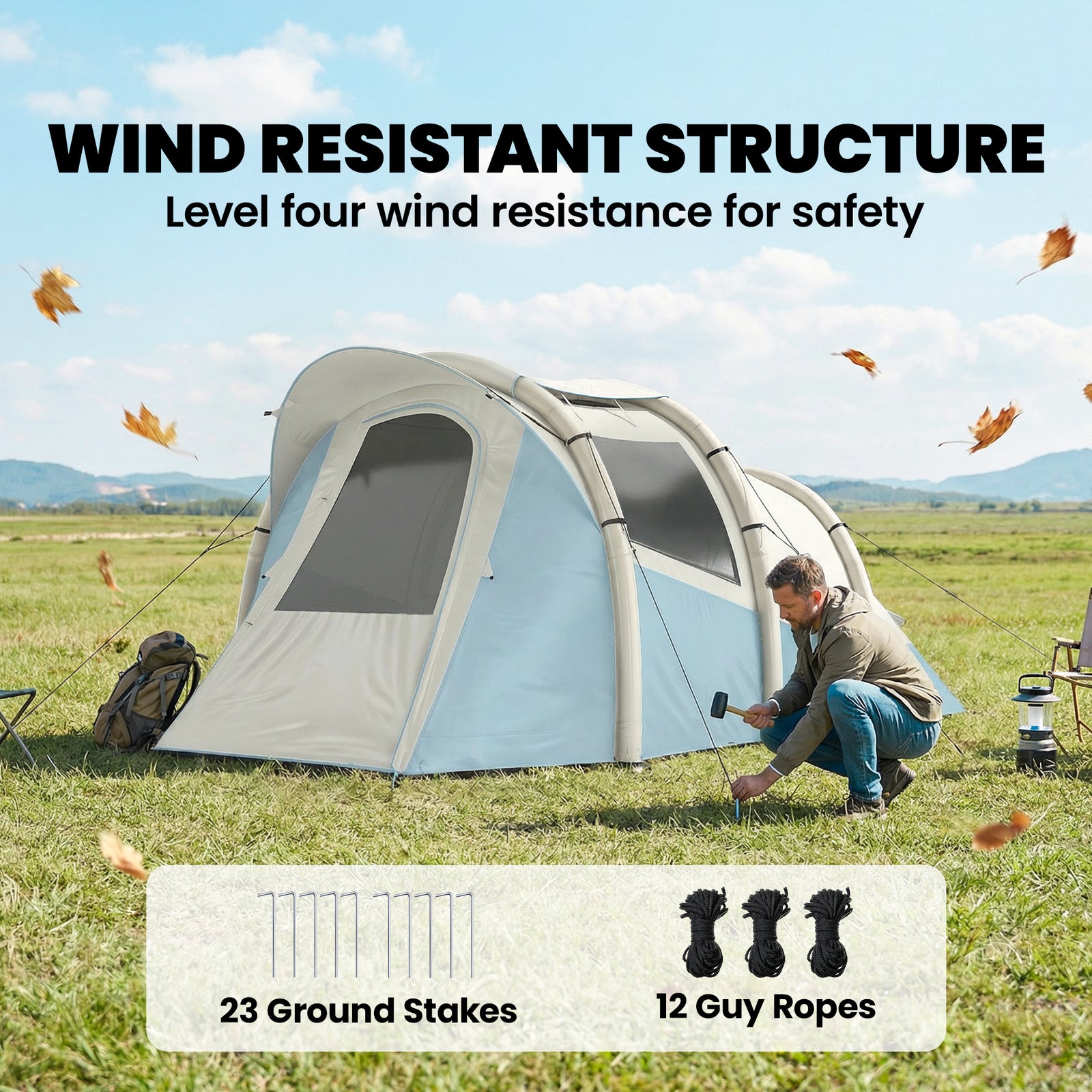 Inflatable Camping Tent W/ Air Pump, 2-3 Person Blow Up Tent | Blue