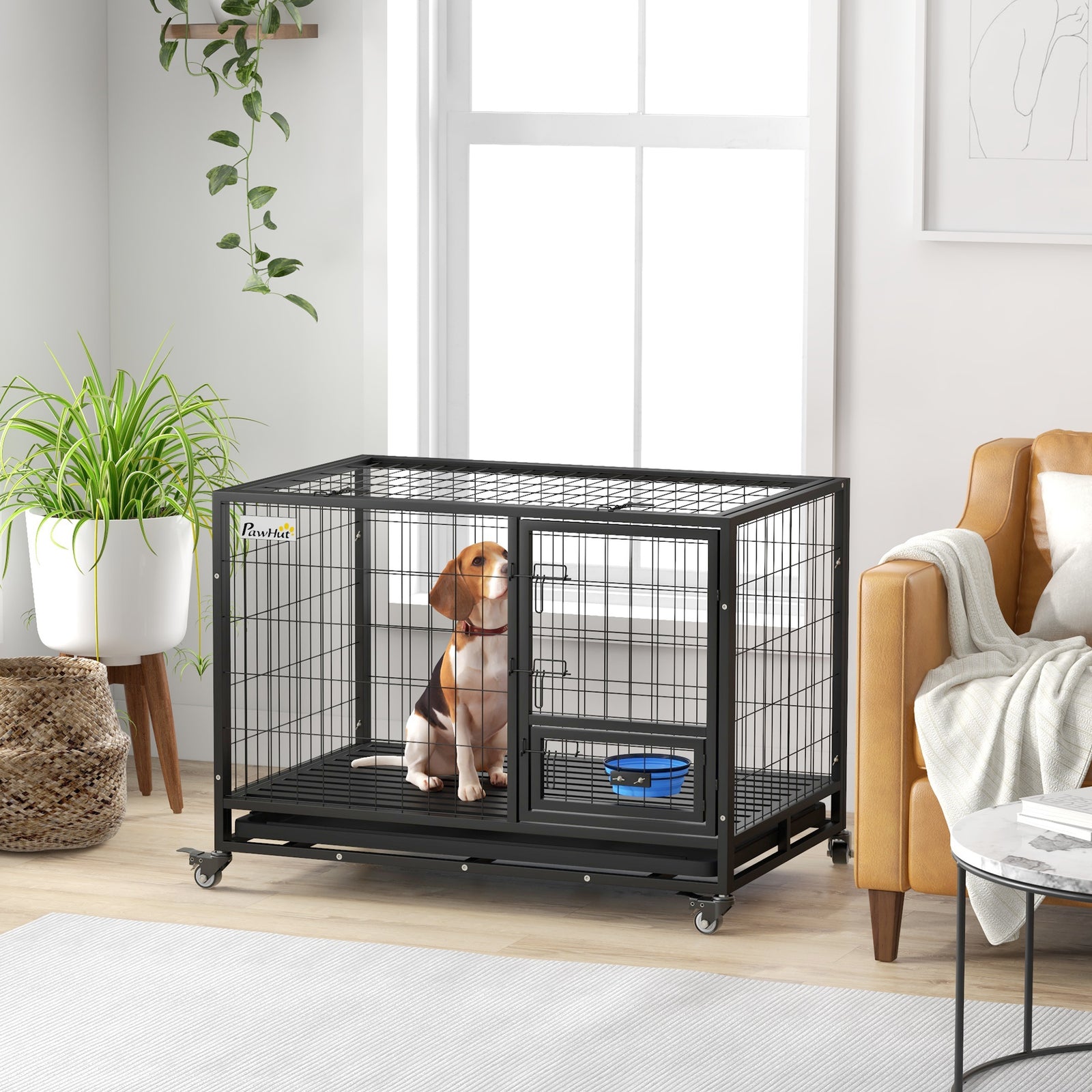 43" Heavy Duty Dog Crate W/ Bowl Holder, Double Doors