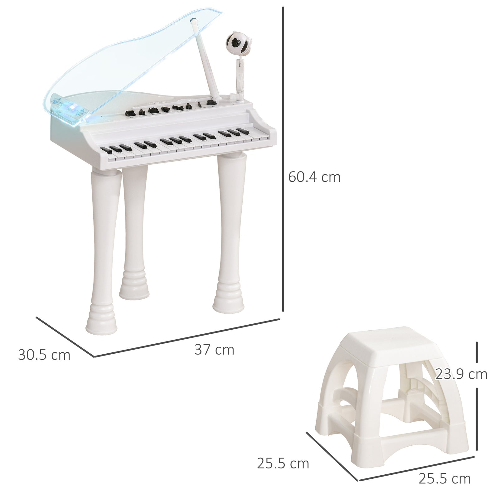 32 Keys Kids Piano Keyboard With Stool, Lights, Microphone, White | White