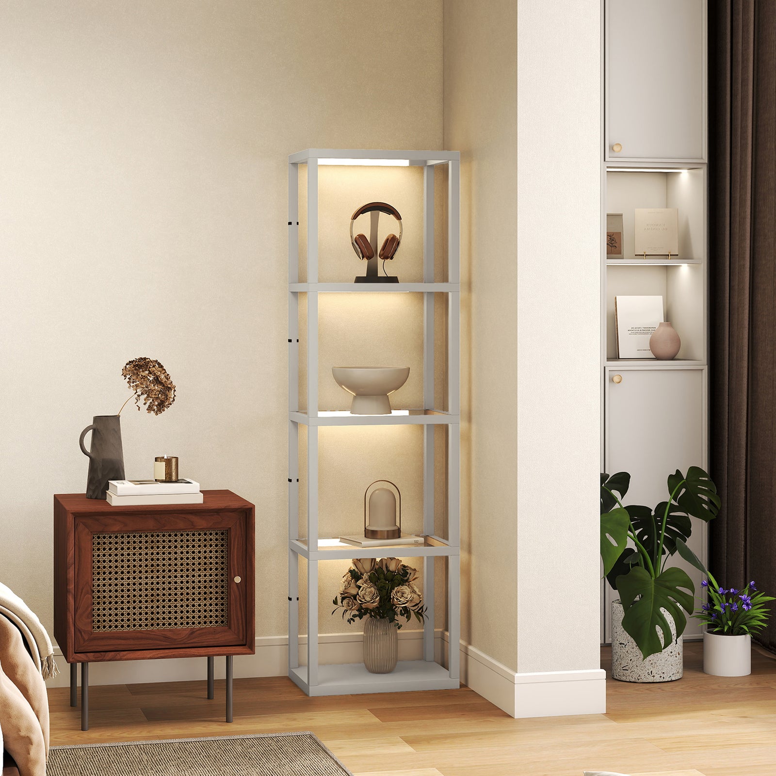 Led Floor Lamp With Glass Shelves, Dimmable Room Lamp | Grey