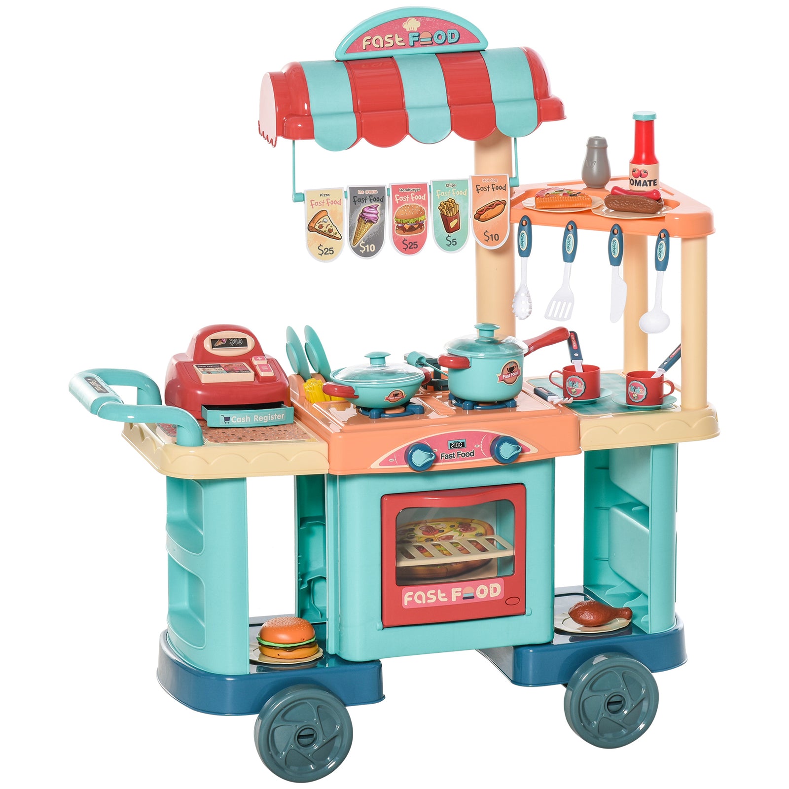 50 Pcs Kids Kitchen Play Set Pretend Trolley Cart For Age 3-6